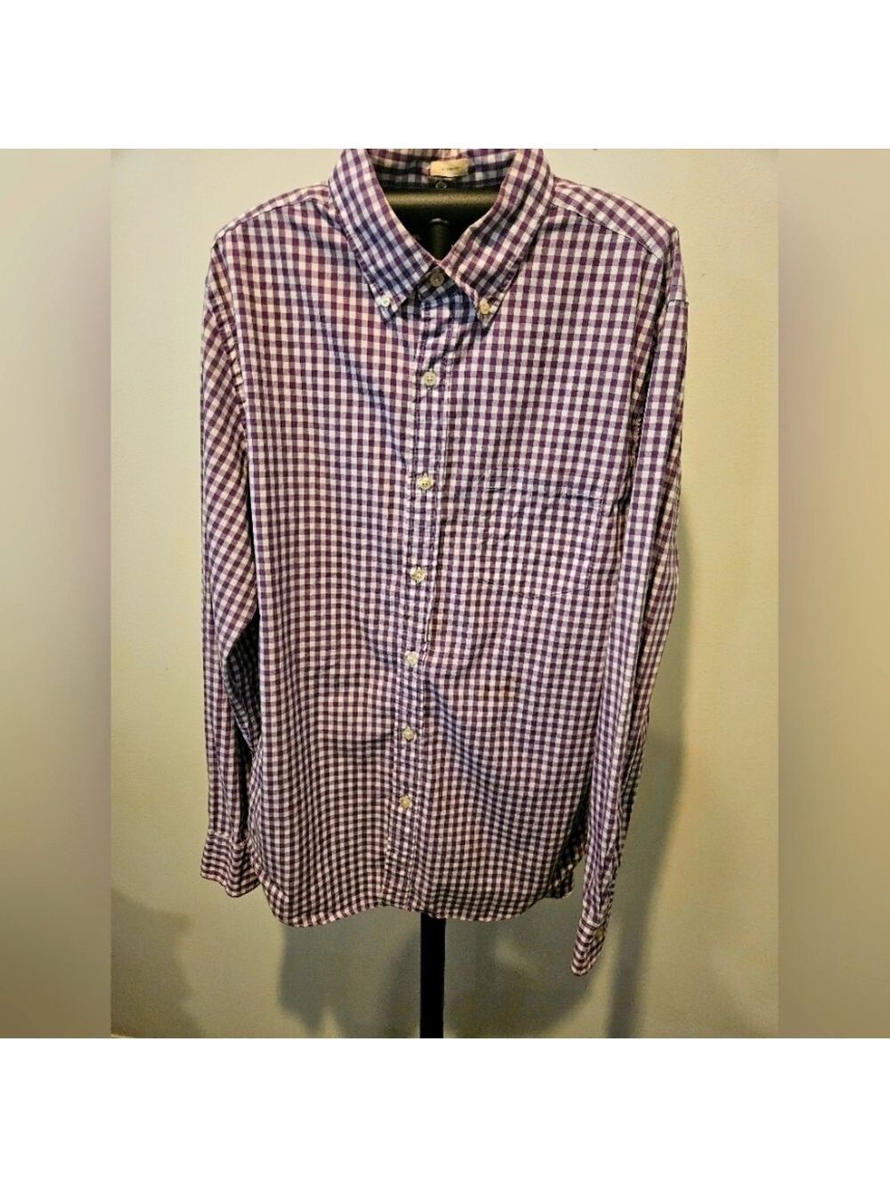 J.CREW MEN'S TAILORED FIT WASHED CASUAL PURPLE & WHITE PLAID SHIRT SIZE MEDIUM